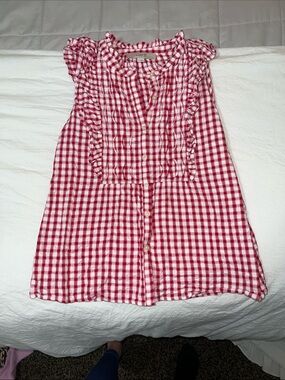 LOFT Red Gingham Ruffle-Trim Button-Front Blouse